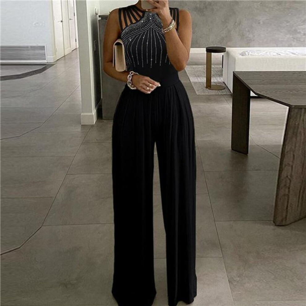(black, S) Sexy Slim Sleeveless Plus Size Loose Hollow Pleated Wide-leg Jumpsuit