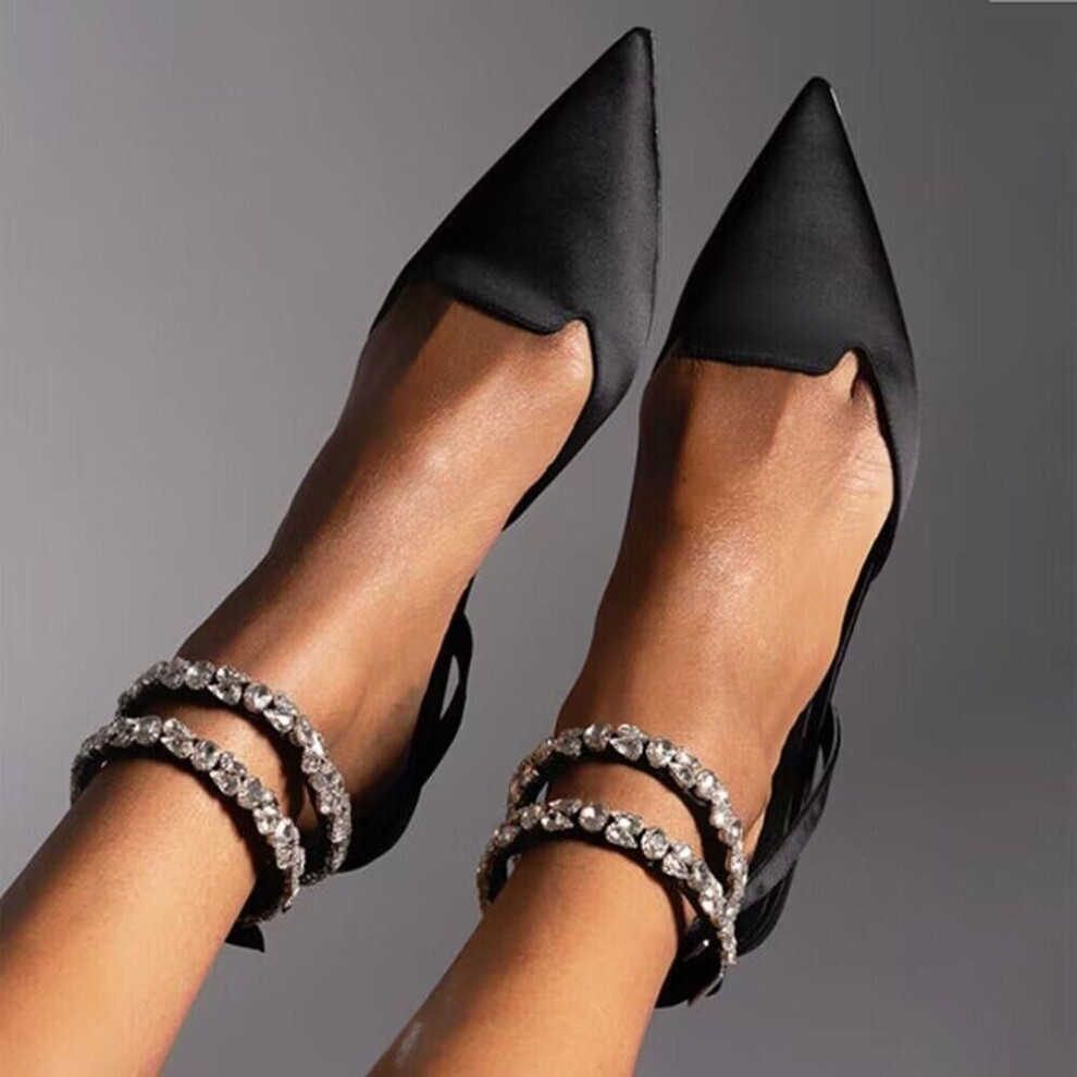 (black, 37) Sandals Women&apos;s 2024 Summer Pointed Toe Rhinestones Sexy Strappy Flat Sandals Women