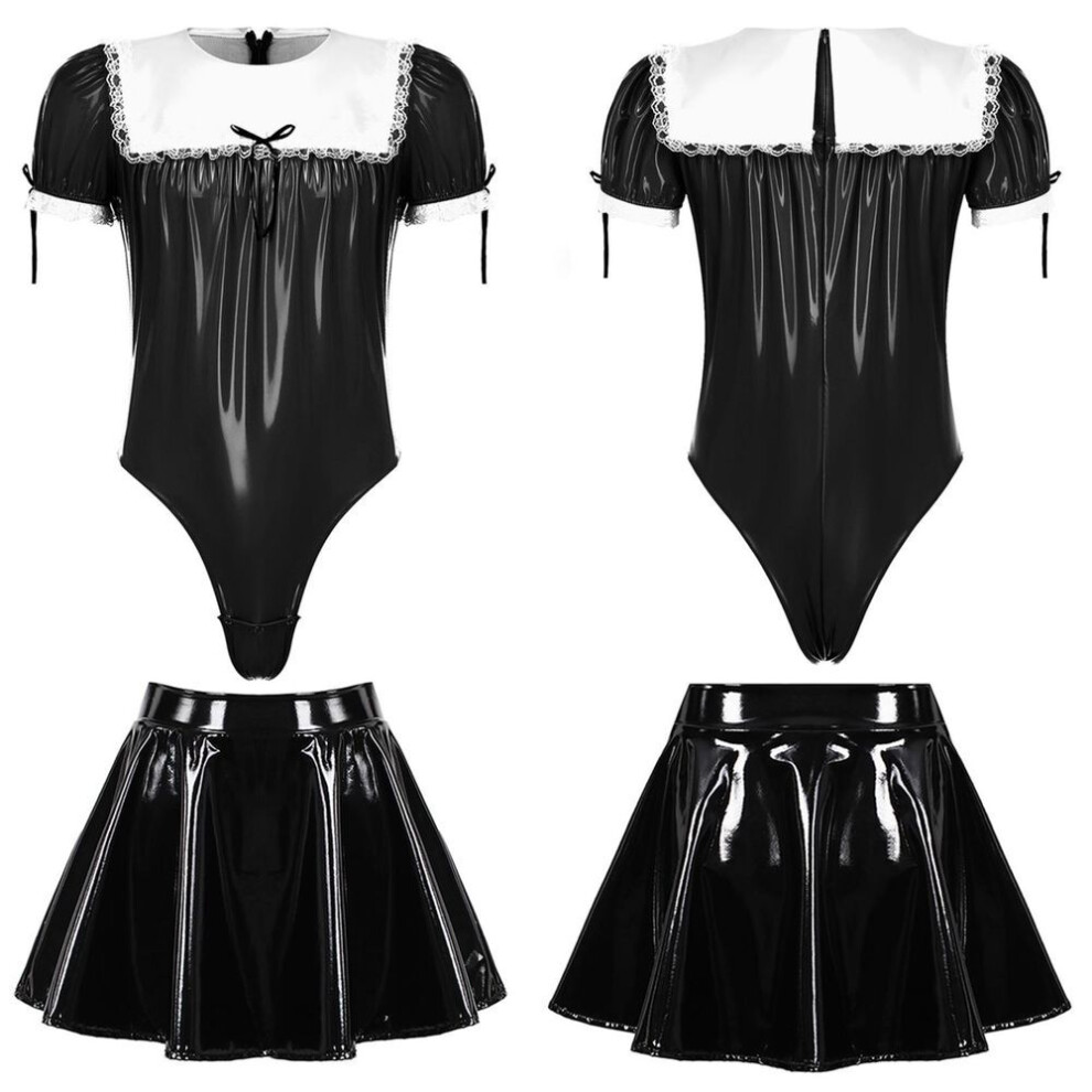 (black, 3XL) Mens Sissy Crossdresser Maid Cosplay Costume Set Patent Leather Puff Sleeve Lace Trim Bodysuit with Flared Skirt