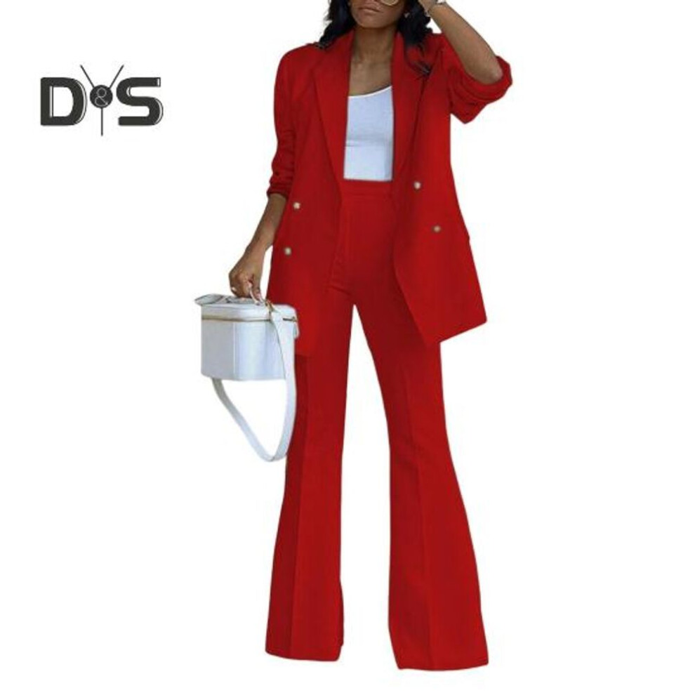 (red, L) 2 Pcs/Set Women Coat Pants Set Lapel Double-breasted Mid Length Cardigan Long Sleeve Jacket Wide Leg High Waist Straight Trousers Lady Formal Commute