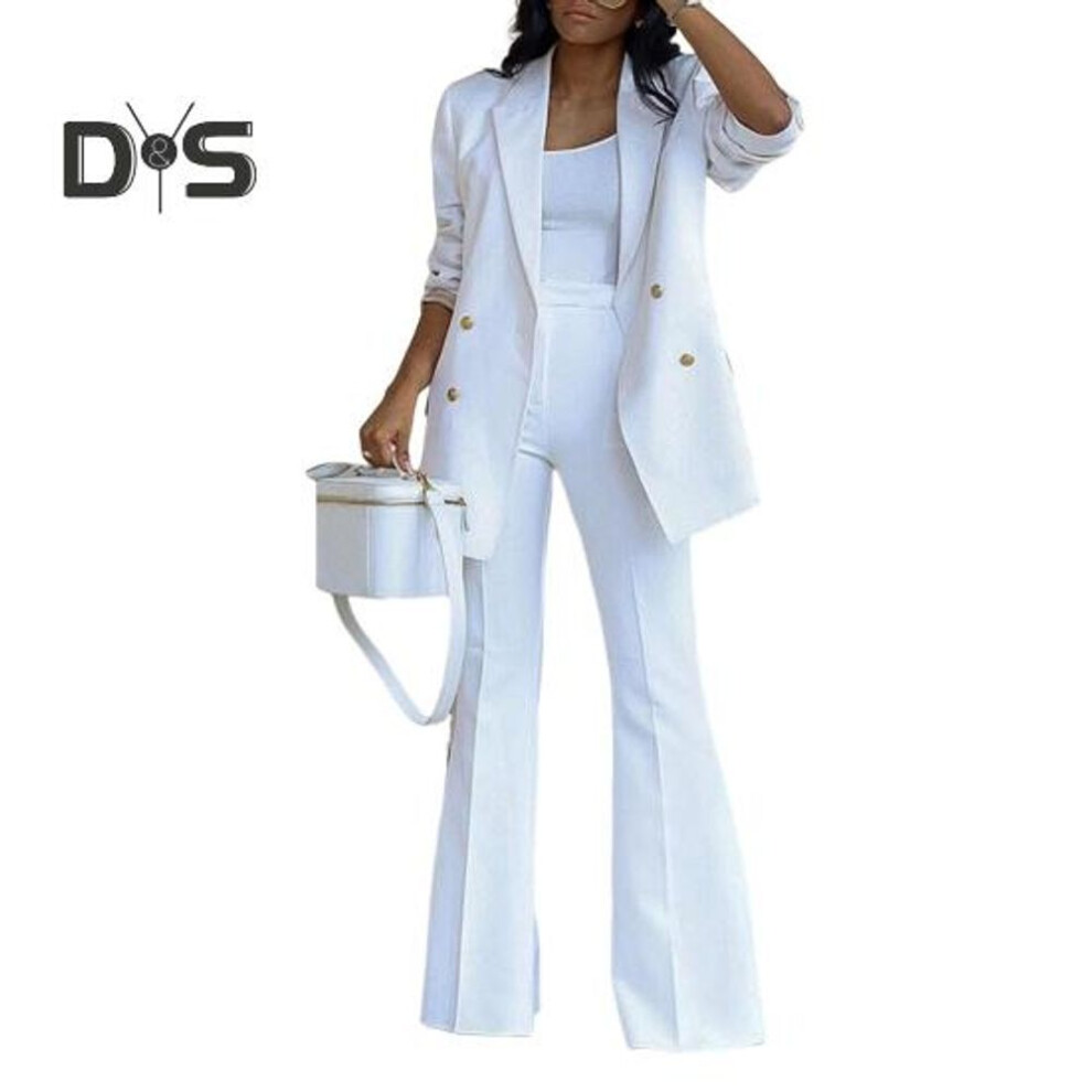 (white, L) 2 Pcs/Set Women Coat Pants Set Lapel Double-breasted Mid Length Cardigan Long Sleeve Jacket Wide Leg High Waist Straight Trousers Lady Formal Commute
