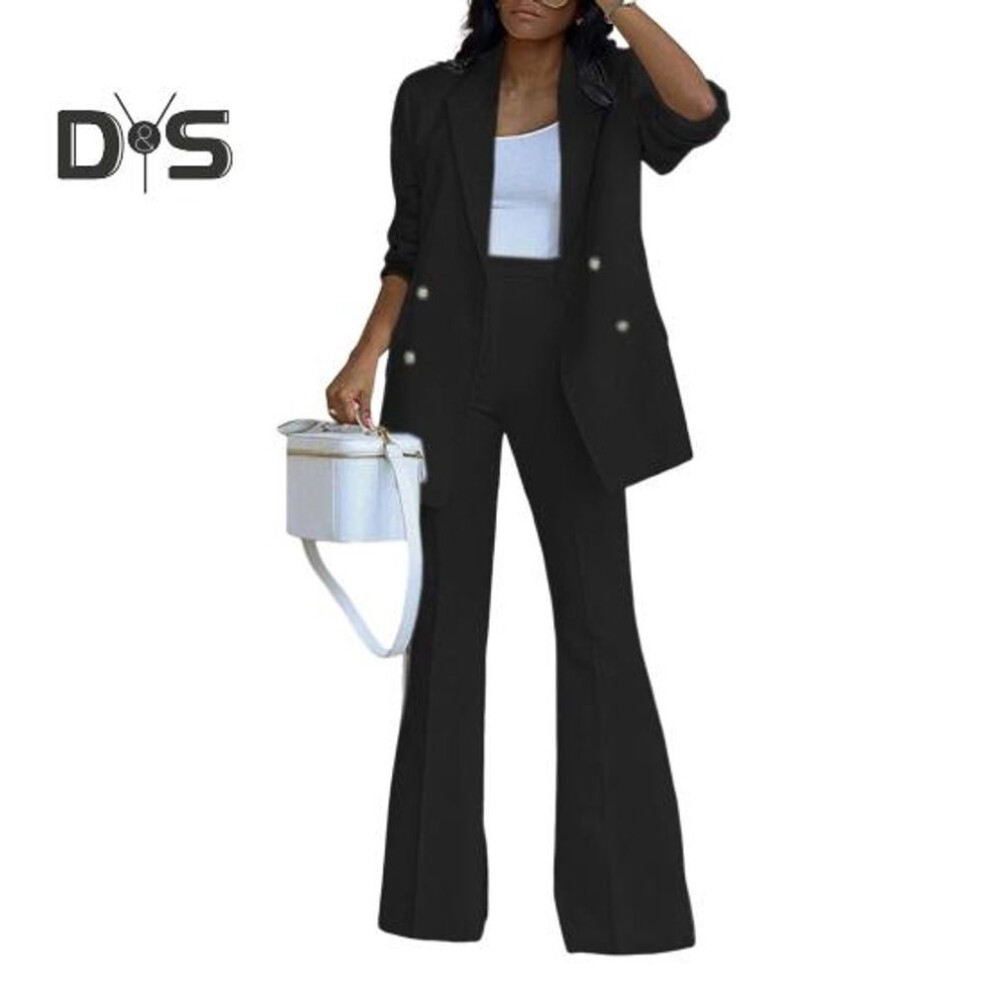 (black, XL) 2 Pcs/Set Women Coat Pants Set Lapel Double-breasted Mid Length Cardigan Long Sleeve Jacket Wide Leg High Waist Straight Trousers Lady Formal Commute