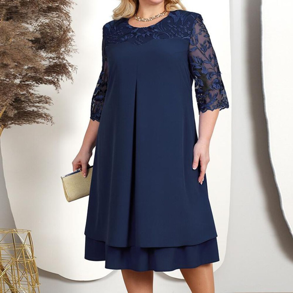 (dark blue, 2XL) Women Dress Summer Short Sleeve Embroidery Woman Long Dresses Casual O-neck Big Size Dresses