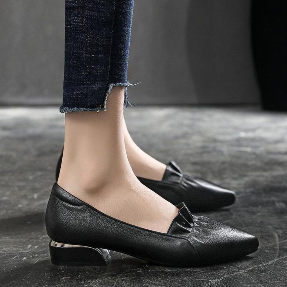 (black, 38) Large Size Women Spring Autumn Low Cut Genuine Leather Pointed Toe Slip on Chunky Heel Nude Shoes