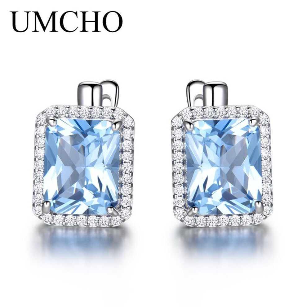 (as the picture) UMCHO Luxury Nano Sky Blue Topaz Gemstone Clip On Earrings Jewelry Earrings For Women  Birthday Gift
