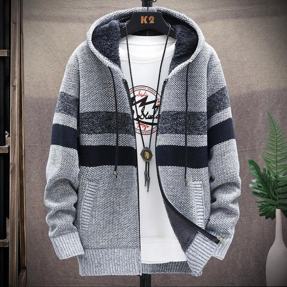 (grey, XXL) Men&apos;s Fleece Sweater Cardigan Large Size Contrasting Color Jacket Youth Slim Trendy Hooded Jacket