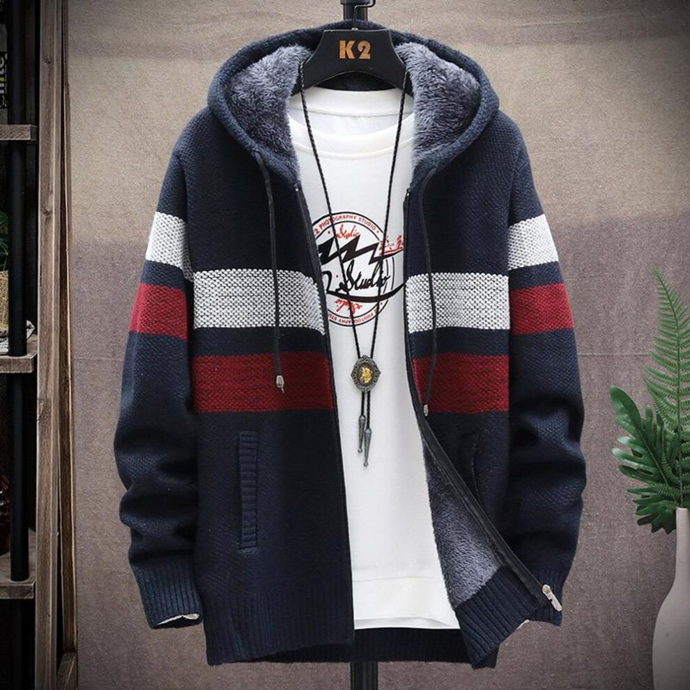 (navy blue, XL) Men&apos;s Fleece Sweater Cardigan Large Size Contrasting Color Jacket Youth Slim Trendy Hooded Jacket