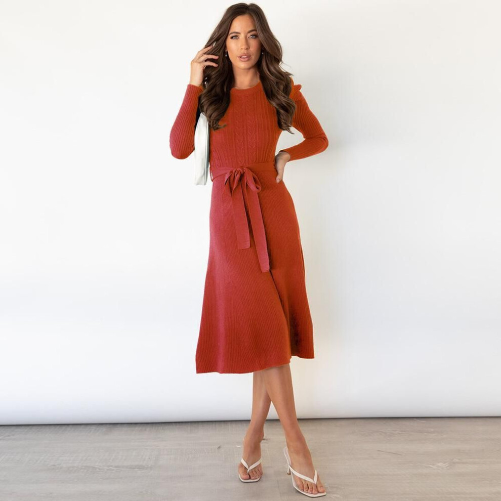 (red, XXL) Winter Fall Solid Long Knit Dress O-neck Long Sleeve High Waist Big Swing S-XXL
