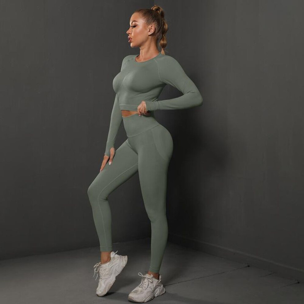 (gray, L) Women Seamless Pleated Peach Tight Hip Solid Color Sports Running Fitness Yoga Pants Suit