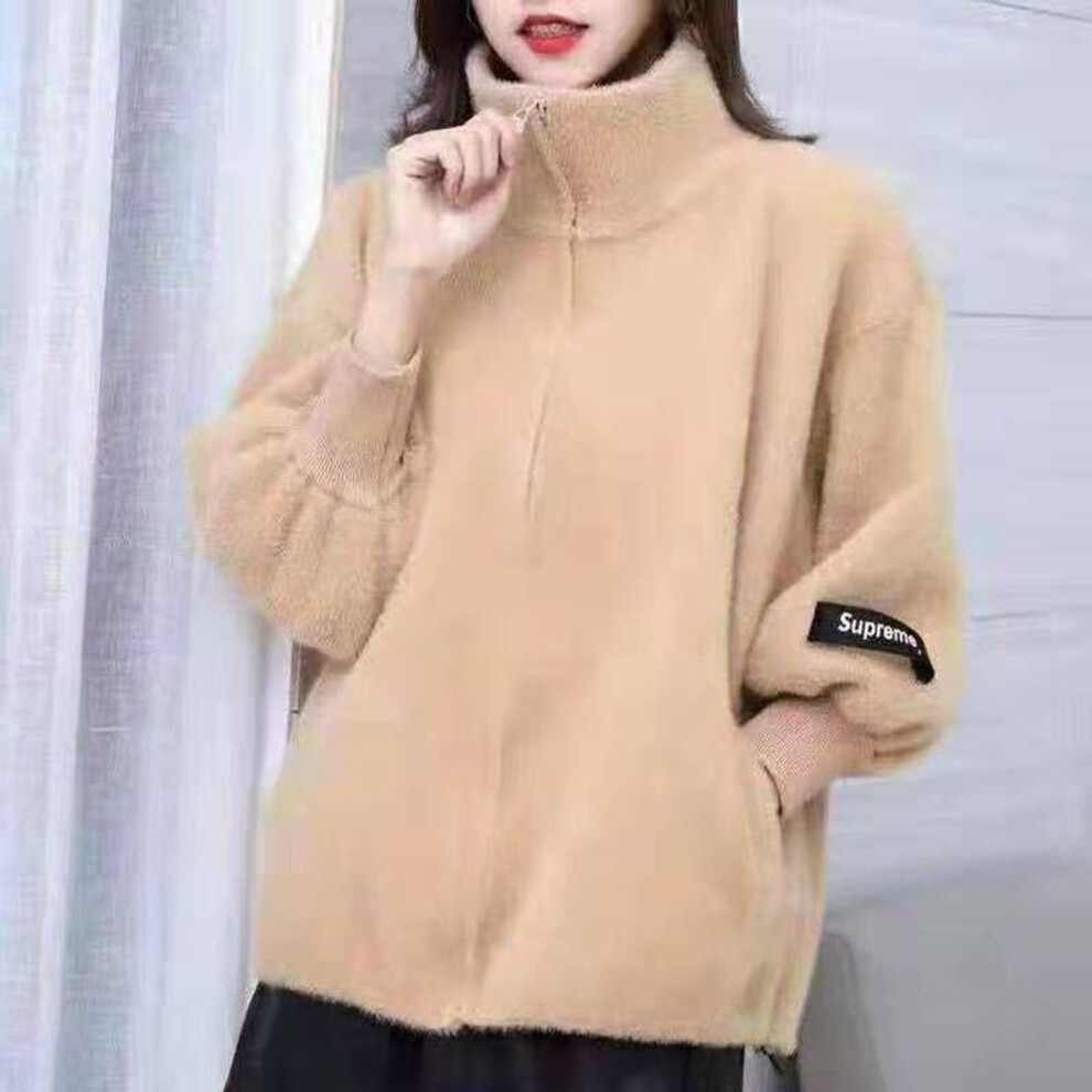 (camel, XXXL) Autumn and Winter Women&apos;s Short Knitted Cardigan Does Not Lose Fur Mink Velvet Loose Coat Thickened All-match Top