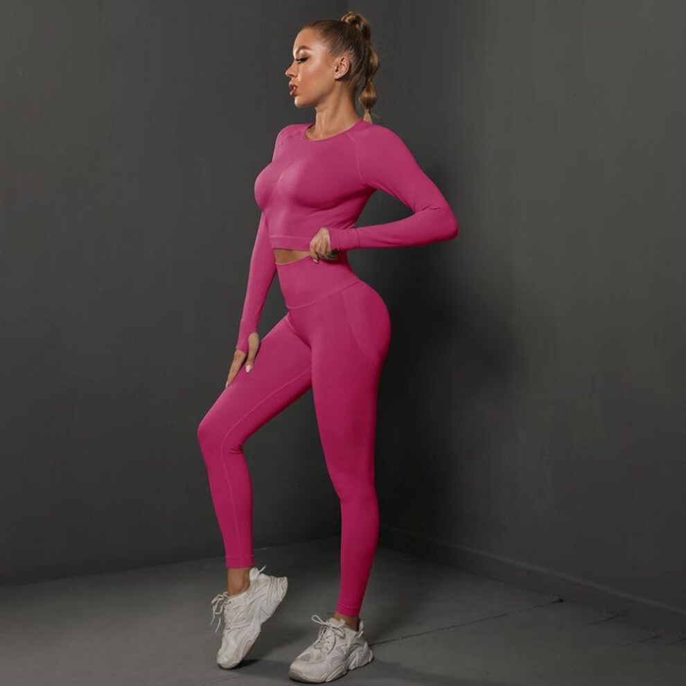(rose red, S) Women Seamless Pleated Peach Tight Hip Solid Color Sports Running Fitness Yoga Pants Suit
