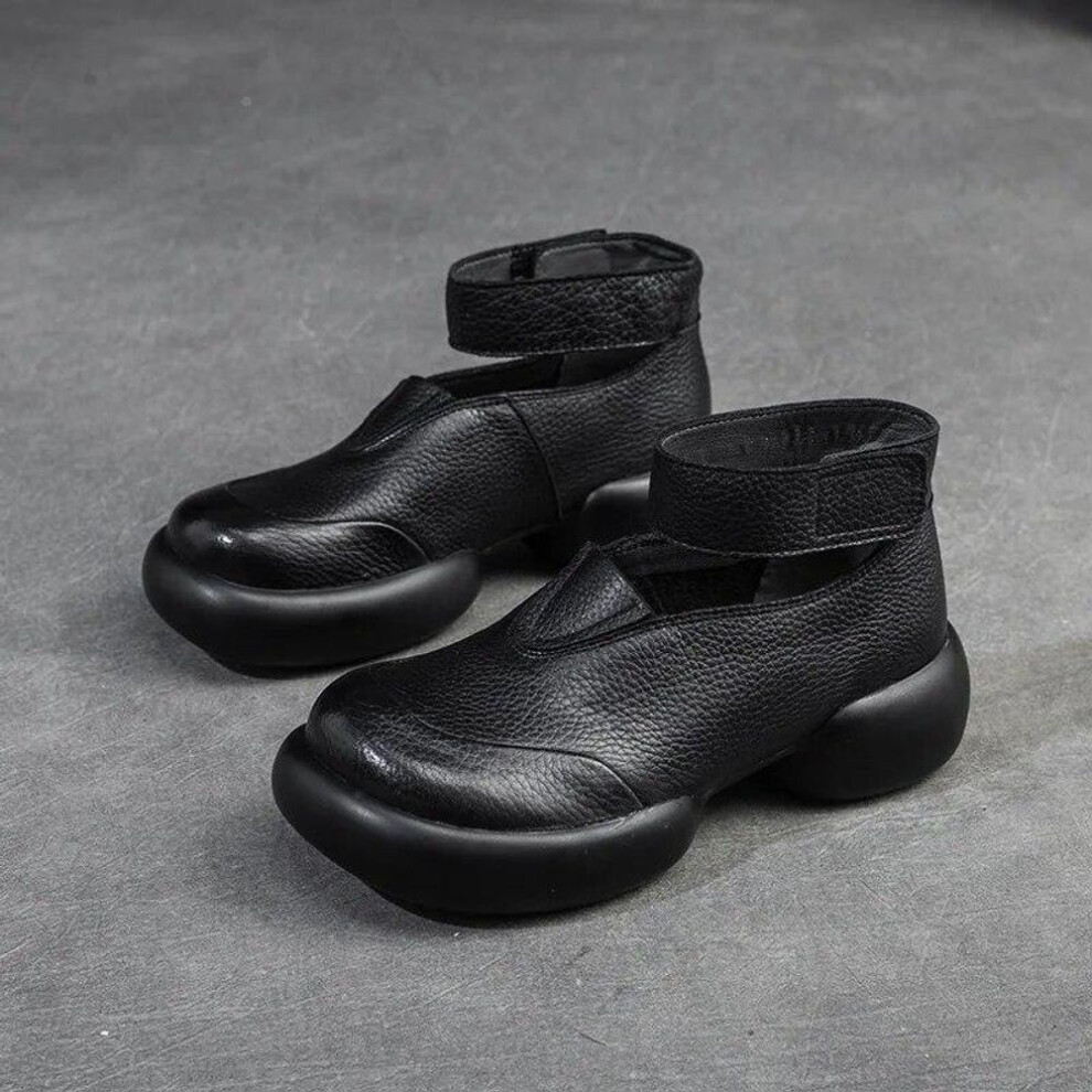 (black, 39) Johnature Genuine Leather Round Toe Thick Sole Pumps Casual Comfortable Hook & Loop Women&apos;s Shoes