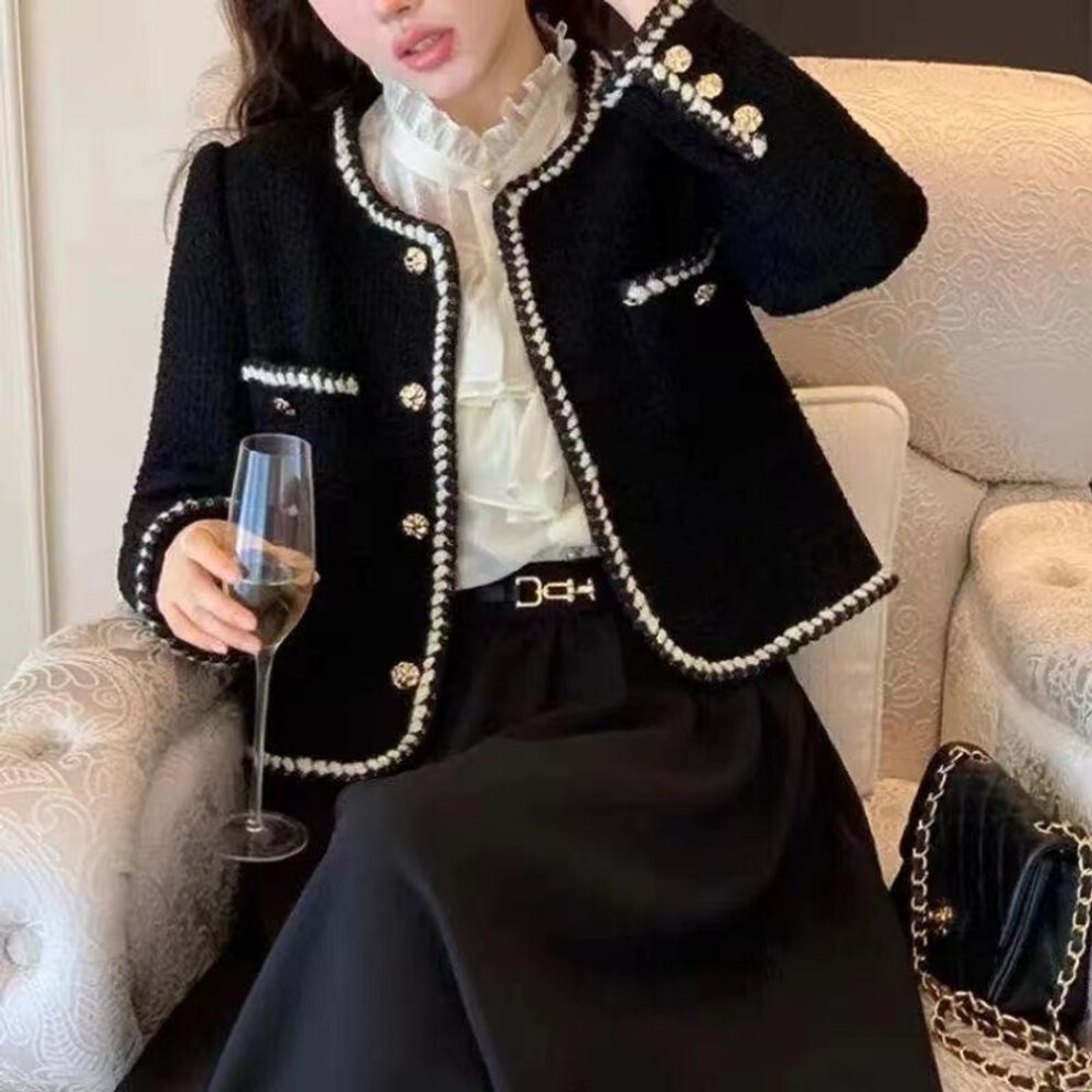 (black, XL) Sweet Vintage Tweed Jacket Women Elegant French Cropped Coat Casual Long Sleeve Simple All Match Retro Female Outwear Tops