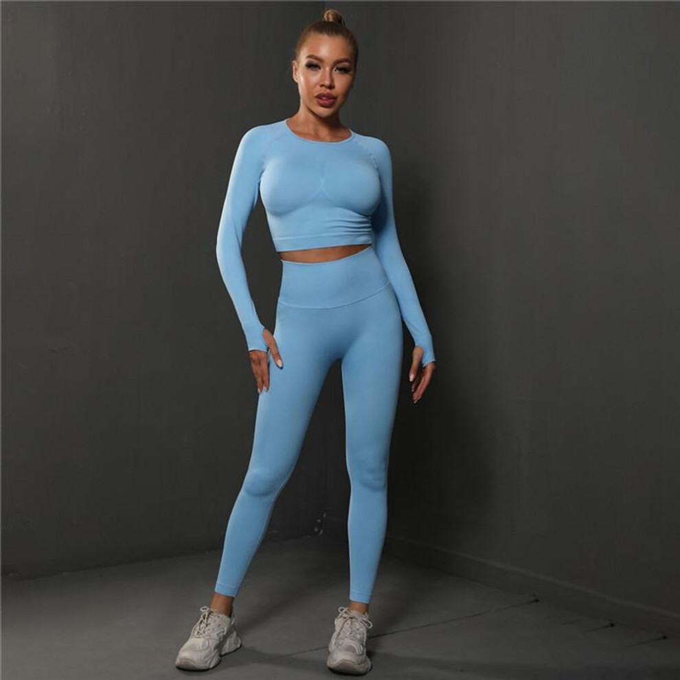 (sky blue, L) Nessaj Seamless Fitness Suit Women Yoga Set High Waist Gym Tracksuit Scrunch Butt Leggings Sportswear