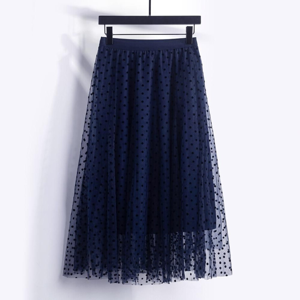 (dark blue, One Size) Qooth Women Polka Dot Mesh Skirt Elegant High Waist Long Tulle A-line Skirt for Summer Spring QT2078