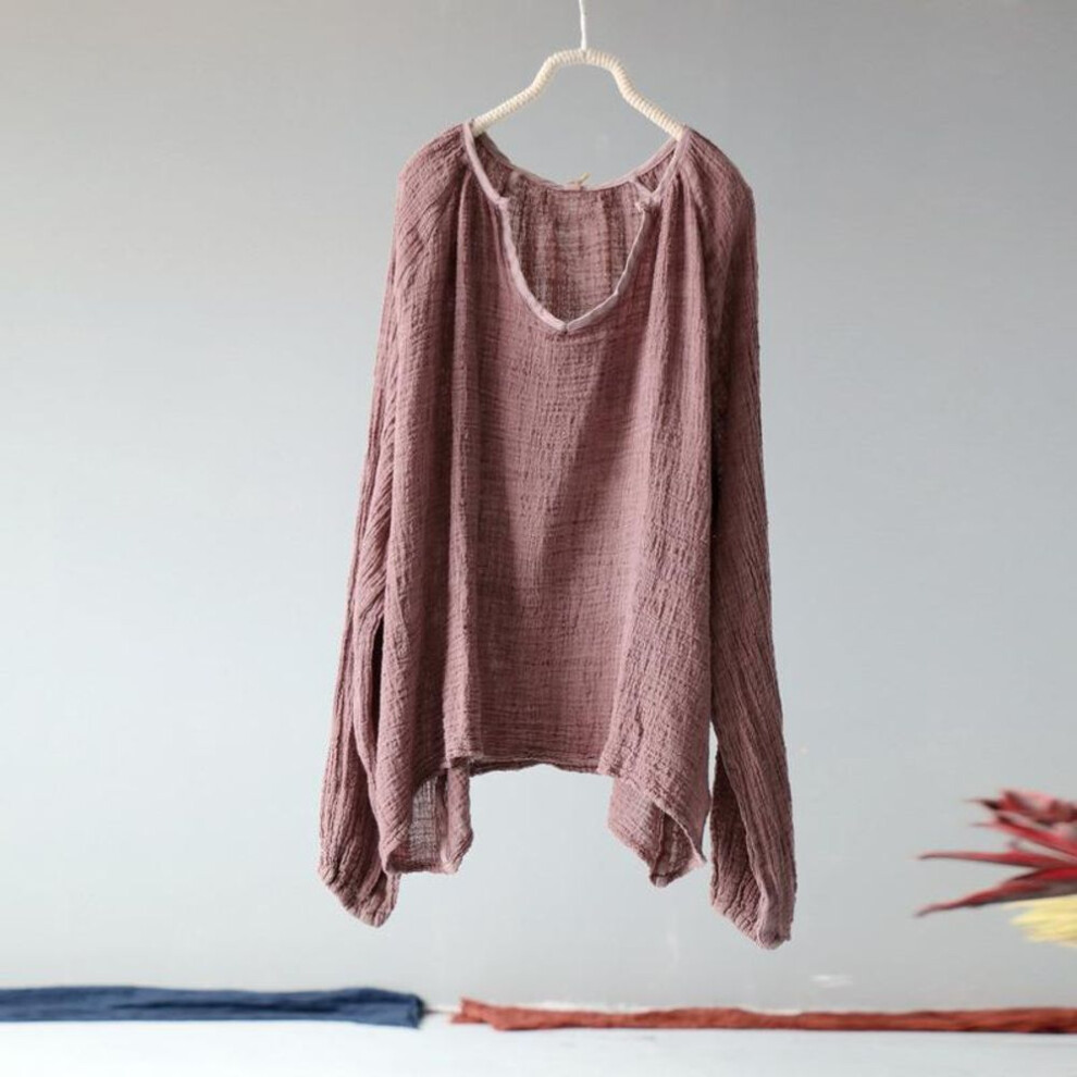 (pink, One Size) Johnature Women Autumn Linen Vintage Solid Color T-Shirts O-Neck Full Sleeve Loose Casual Pullover Women T-Shirt
