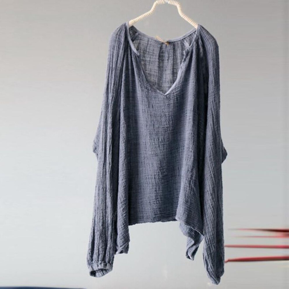 (blue, One Size) Johnature Women Autumn Linen Vintage Solid Color T-Shirts O-Neck Full Sleeve Loose Casual Pullover Women T-Shirt