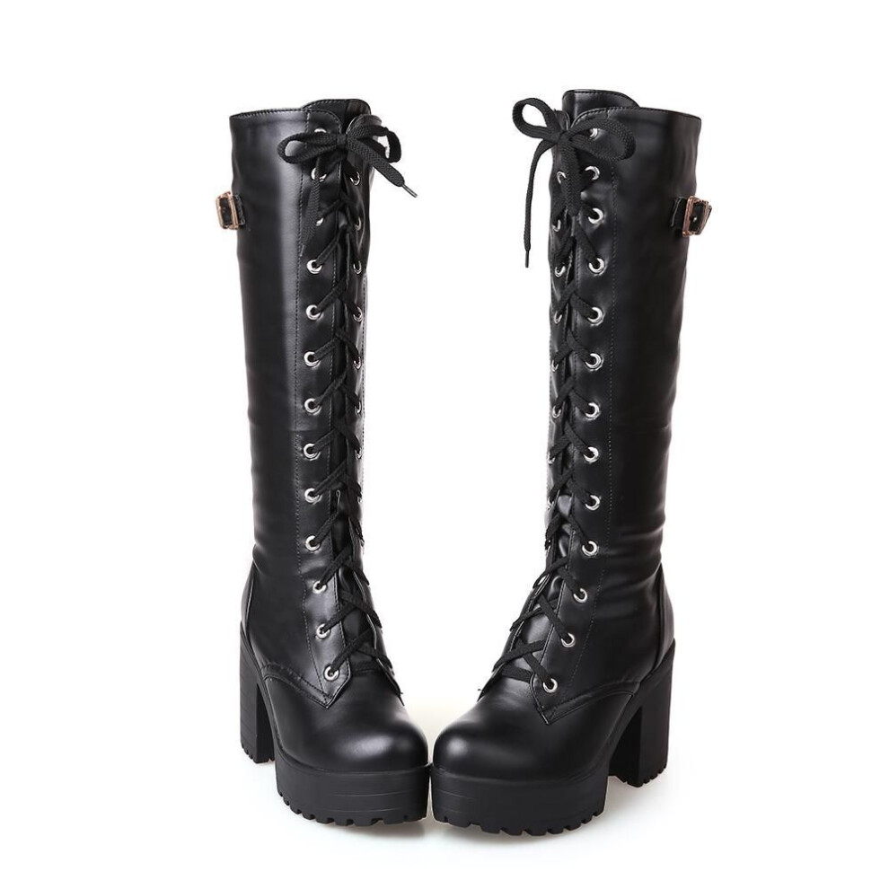 (black, 40) Autumn Lacing Knee High Boots Women Fashion White Square Heel Woman Leather Shoes Winter Large Size