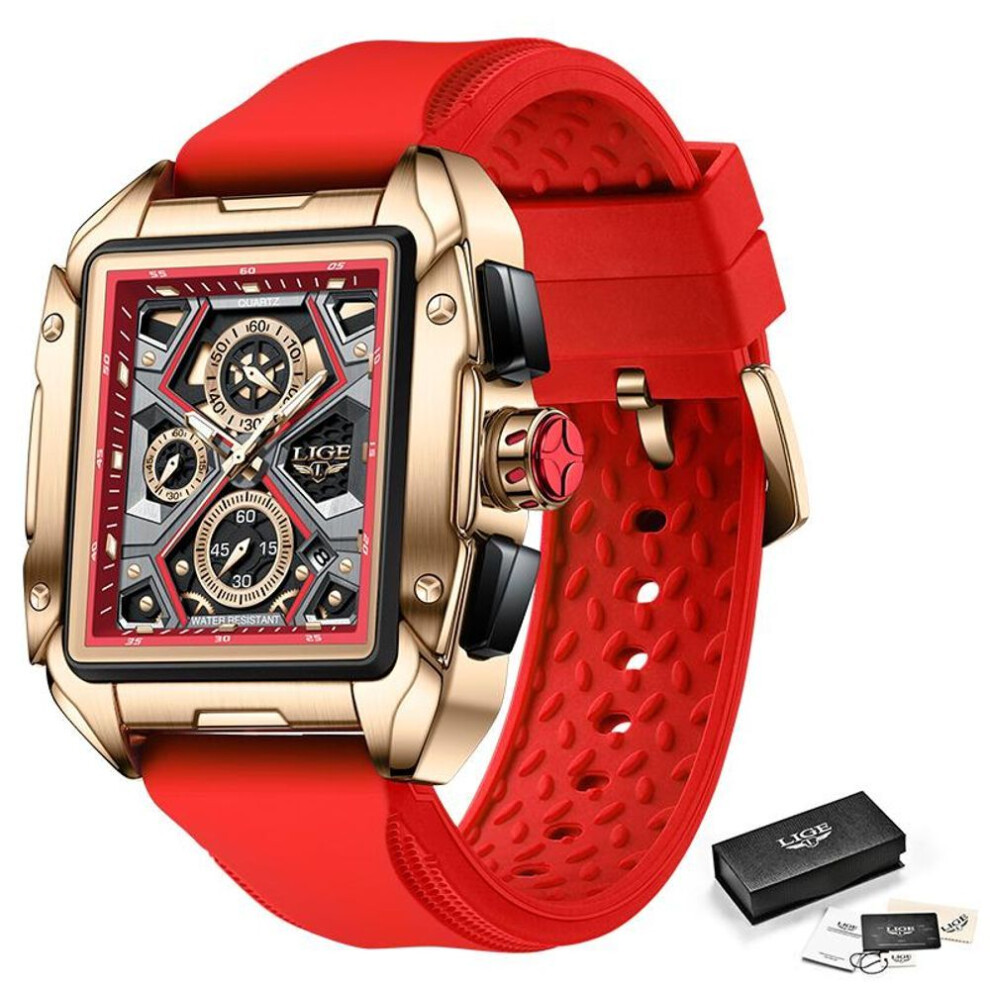 (red) LIGE Fashion Men&apos;s Watch Top Brand Creative Quartz Watch Sports Waterproof Chronograph Watch