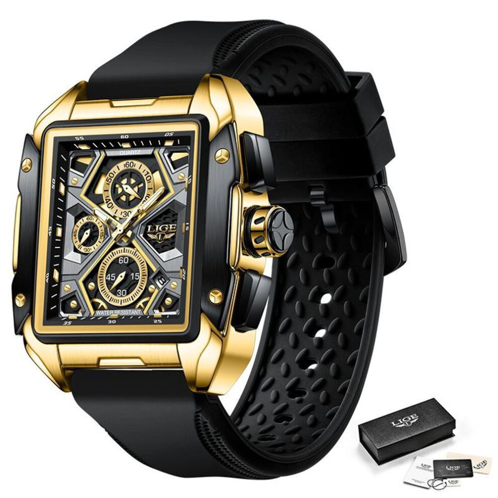 (gold,black) LIGE Fashion Men&apos;s Watch Top Brand Creative Quartz Watch Sports Waterproof Chronograph Watch
