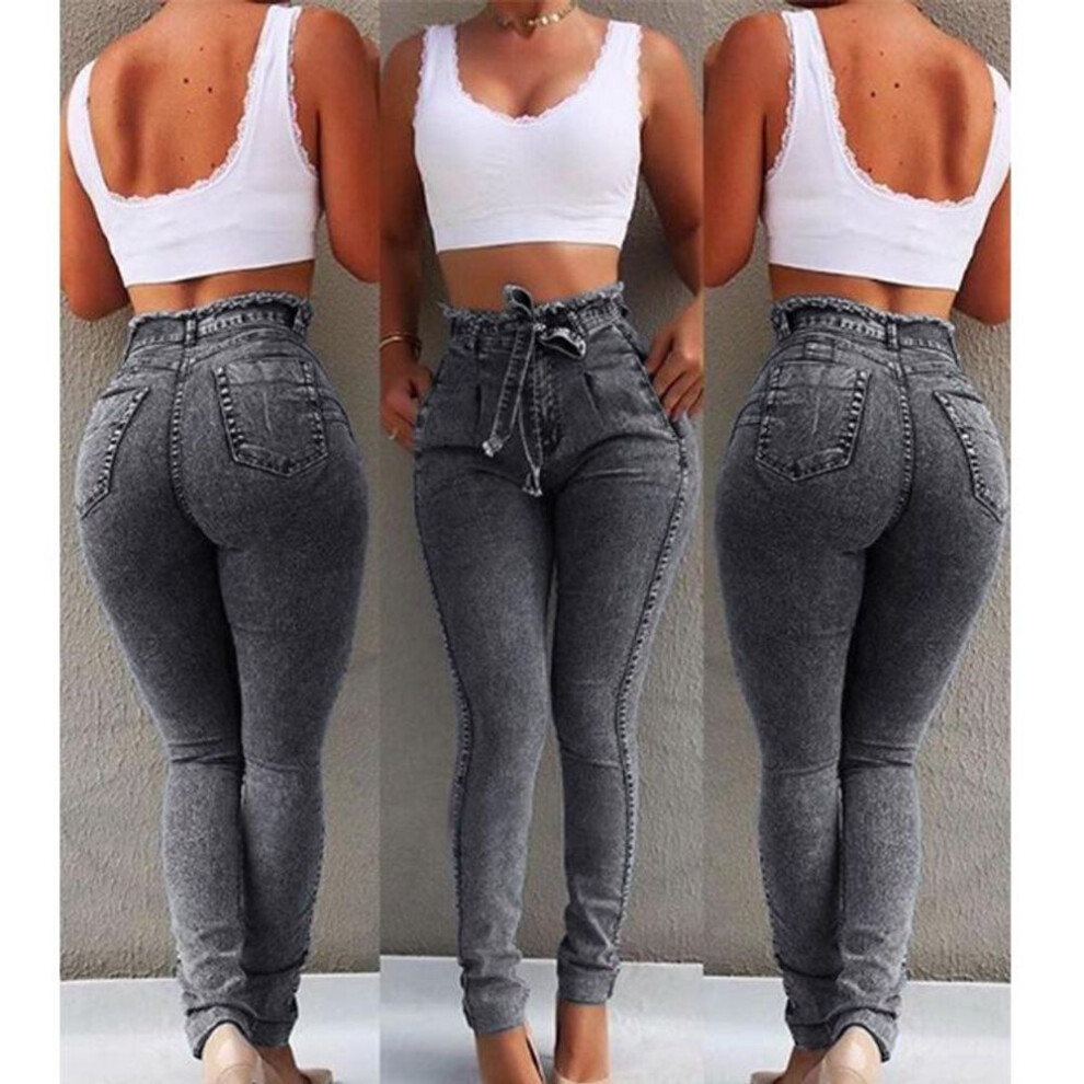(grey, XL) High Waist Jeans For Women Autumn Slim Stretch Denim Pencil Pants Tassel Belt Skinny Push Up Washed Jeans Woman Female Trousers