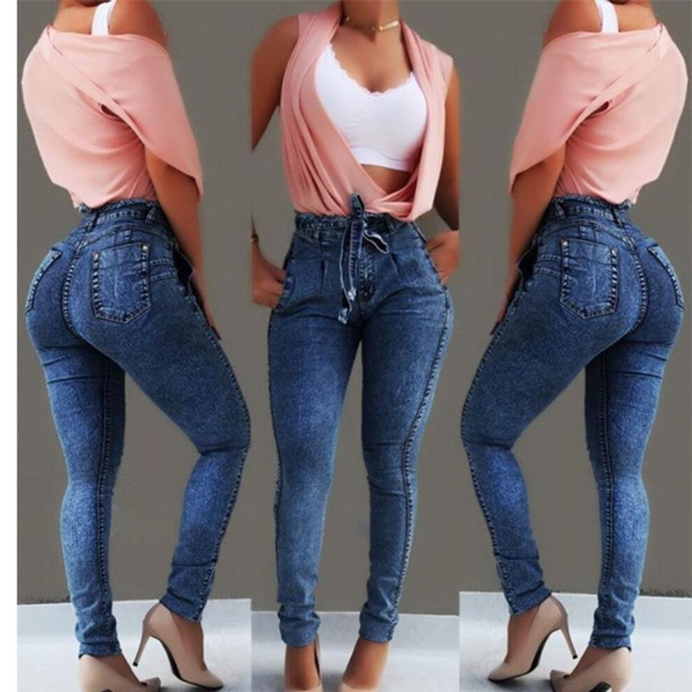 (navy blue, L) High Waist Jeans For Women Autumn Slim Stretch Denim Pencil Pants Tassel Belt Skinny Push Up Washed Jeans Woman Female Trousers