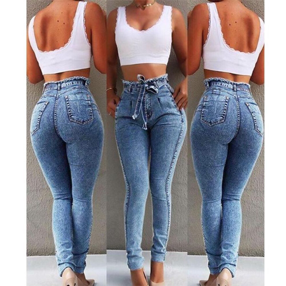 (light blue, XL) High Waist Jeans For Women Autumn Slim Stretch Denim Pencil Pants Tassel Belt Skinny Push Up Washed Jeans Woman Female Trousers