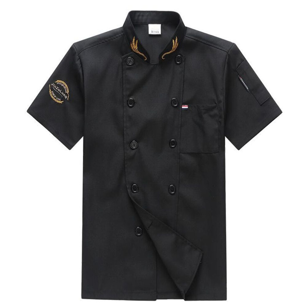 (black, XXL) Unisex Kitchen Hotel Chef Uniform Bakery Food Service Cook Mesh Back Stand Collar Short Sleeve Shirt Breathable Double Breasted Chef Jacket Clothes