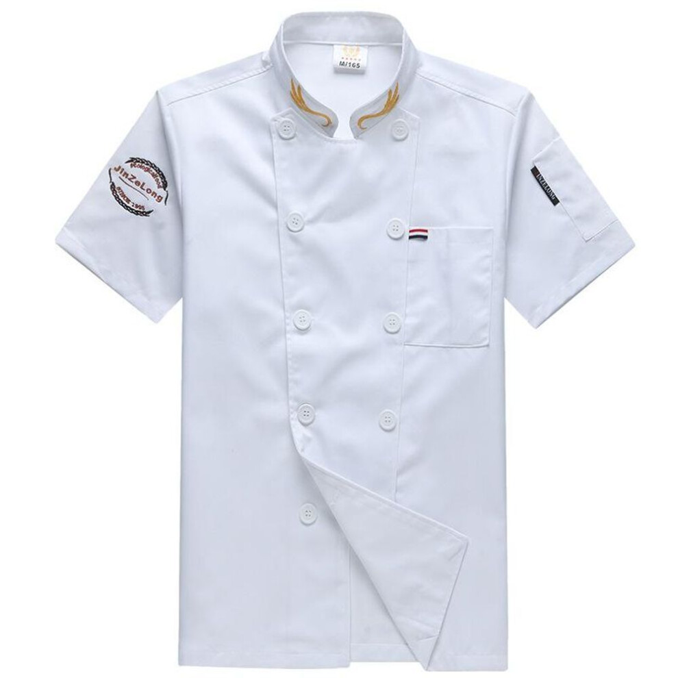(white, XXL) Unisex Kitchen Hotel Chef Uniform Bakery Food Service Cook Mesh Back Stand Collar Short Sleeve Shirt Breathable Double Breasted Chef Jacket Clothes
