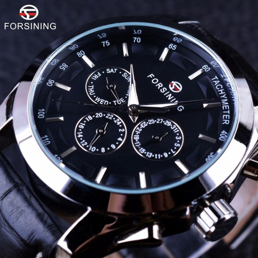 (black,silver) Forsining Retro Fashion Designer Three Dial Decoration Genuine Leather Golden Men Luxury Brand Automatic Mechanical Watches