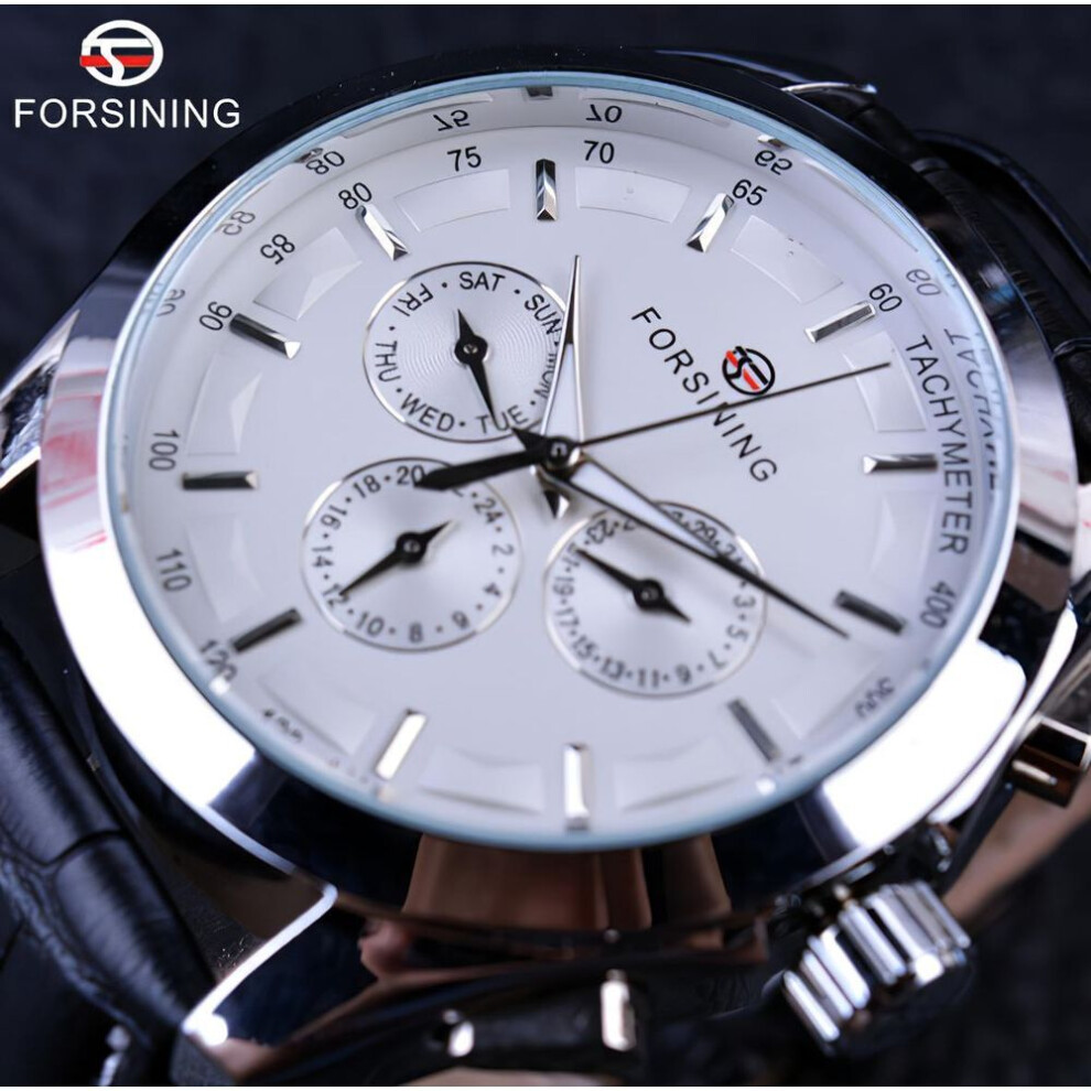 (white,silver) Forsining Retro Fashion Designer Three Dial Decoration Genuine Leather Golden Men Luxury Brand Automatic Mechanical Watches