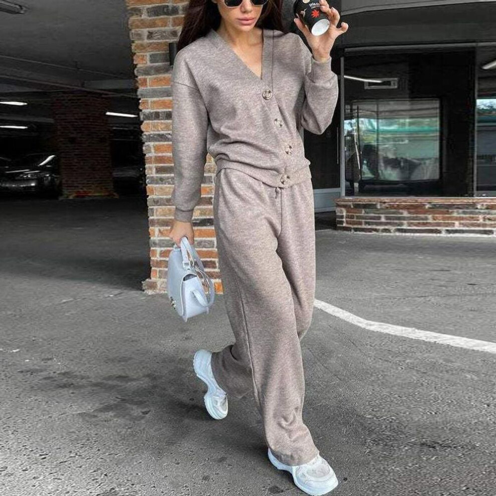 (khaki, L) 2024 Fall and Winter New Fashion Single-breasted Casual Sports Suit Cardigan Top Lace-up Pants Two-piece Women&apos;s Clothing
