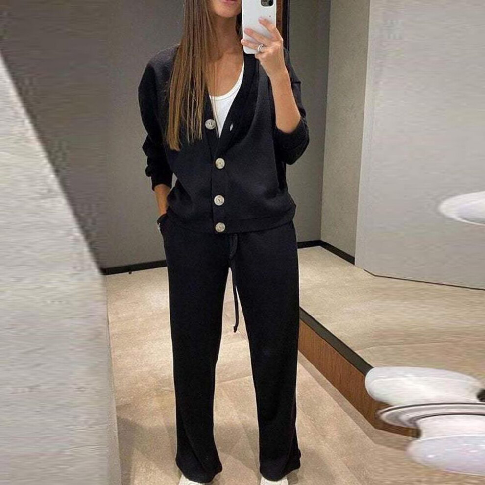 (black, L) 2024 Fall and Winter New Fashion Single-breasted Casual Sports Suit Cardigan Top Lace-up Pants Two-piece Women&apos;s Clothing