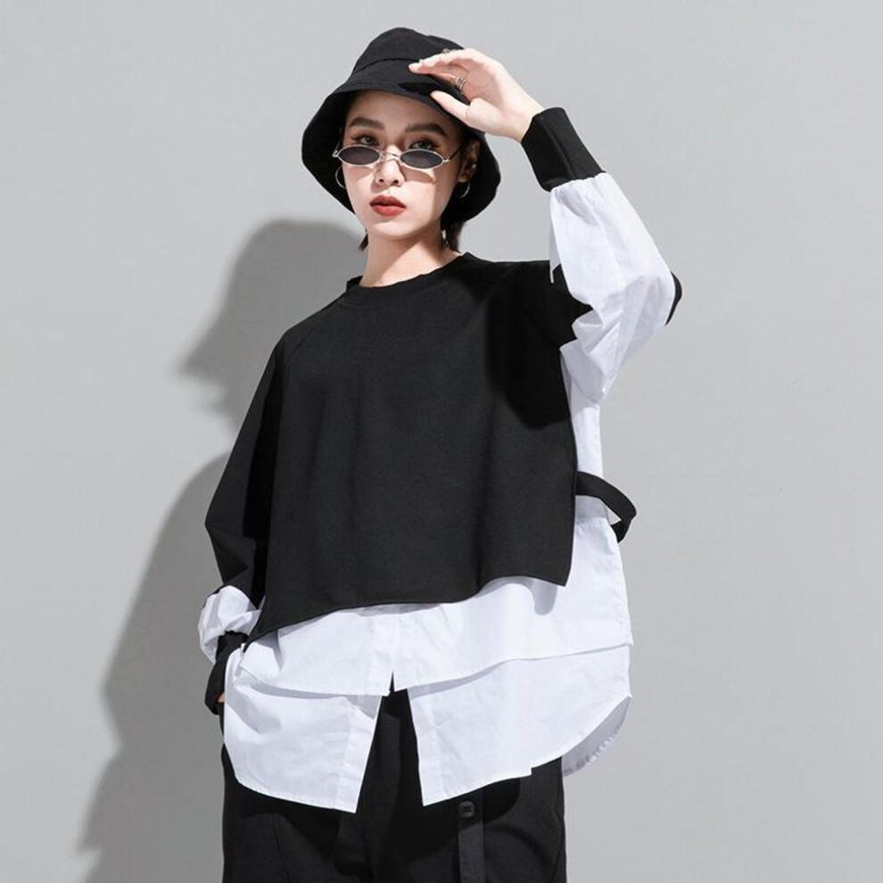 (white, M) Women Top Female T-shirts Fake Two-piece Straight Stitching Tide Brand Long-sleeved T-shirt Female Fashion Streetwear
