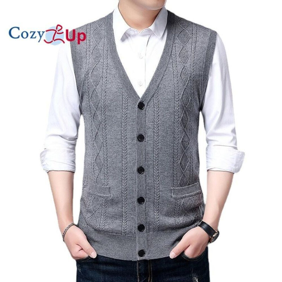 (grey, M) Cozy Up Jacquard Warm Men&apos;s Wool Vest Men&apos;s Pocket Sleeveless Knit Cardigan Vest