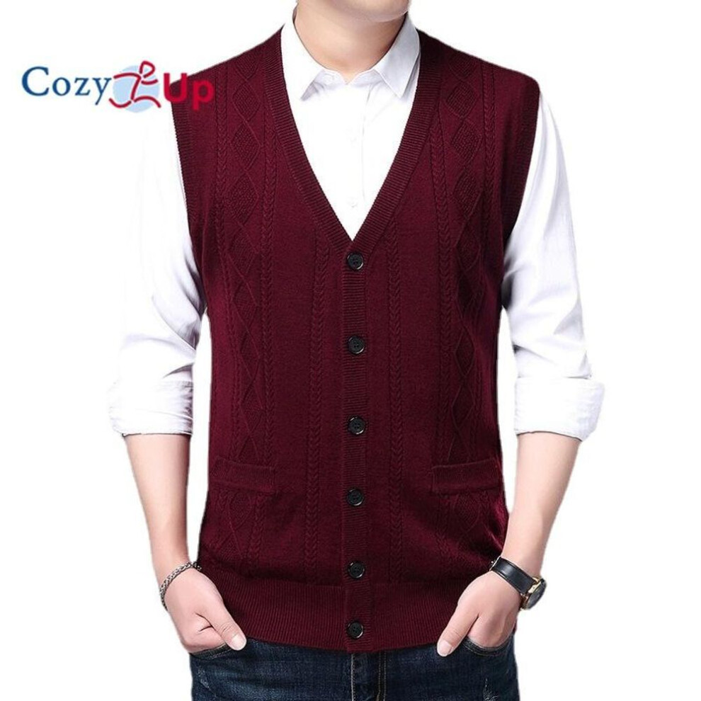 (red, XXL) Cozy Up Jacquard Warm Men&apos;s Wool Vest Men&apos;s Pocket Sleeveless Knit Cardigan Vest