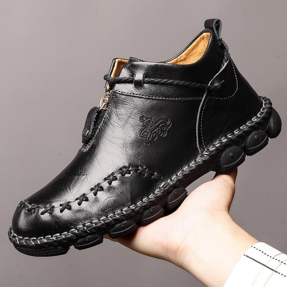 (black, 41) Men&apos;s Leather High Top Boots Large Size Handmade Driving Car Men&apos;s Shoes