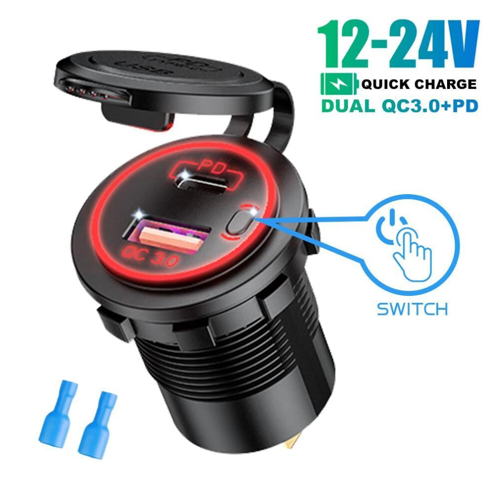 (red, Without Wire) USB Type C Dual Port Car Motorcycle Boat Charger Socket QC 3.0 PD Fast Charge Auto Power Adapter with ON/Off Switch 12-24V Universal Blue Light