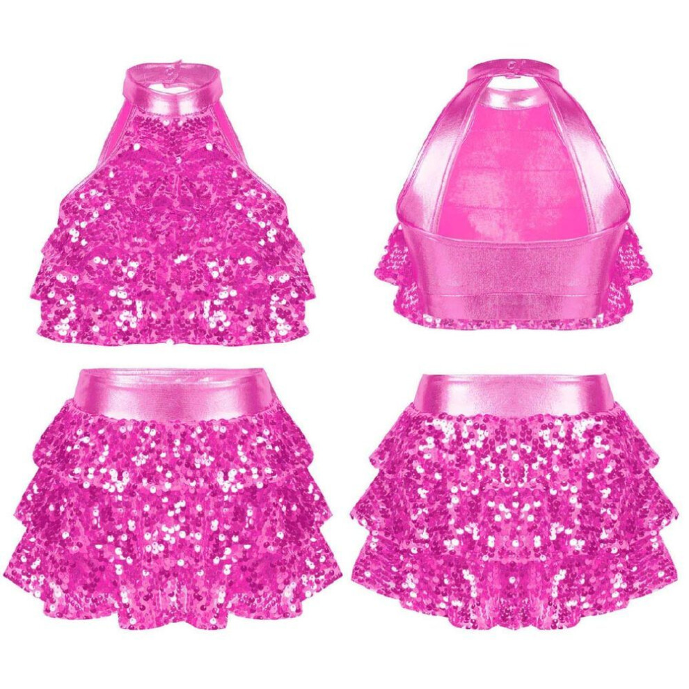(hot pink, 5-6 Years) Girl Kid Dance Outfit Set Gymnastics Sleeveless Crop Top + Skirts 2Pcs Sequins Dancewear