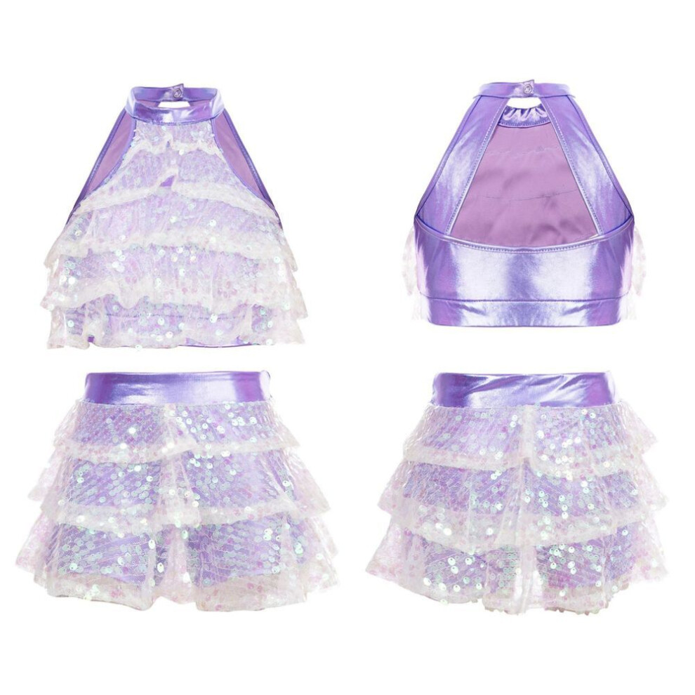 (pink, 11-12 Years) Girl Kid Dance Outfit Set Gymnastics Sleeveless Crop Top + Skirts 2Pcs Sequins Dancewear