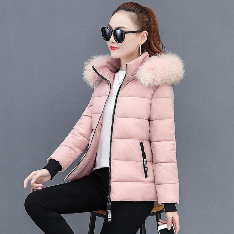 (pink, L) Winter New Short Cotton Coat Slim Fit Thickened Large Wool Collar Cotton Coat Down Jackets