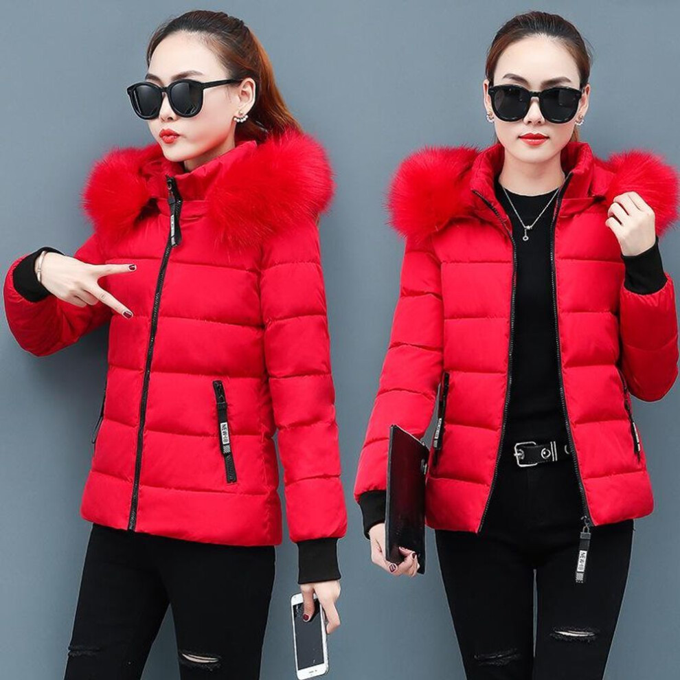 (red, M) Winter New Short Cotton Coat Slim Fit Thickened Large Wool Collar Cotton Coat Down Jackets