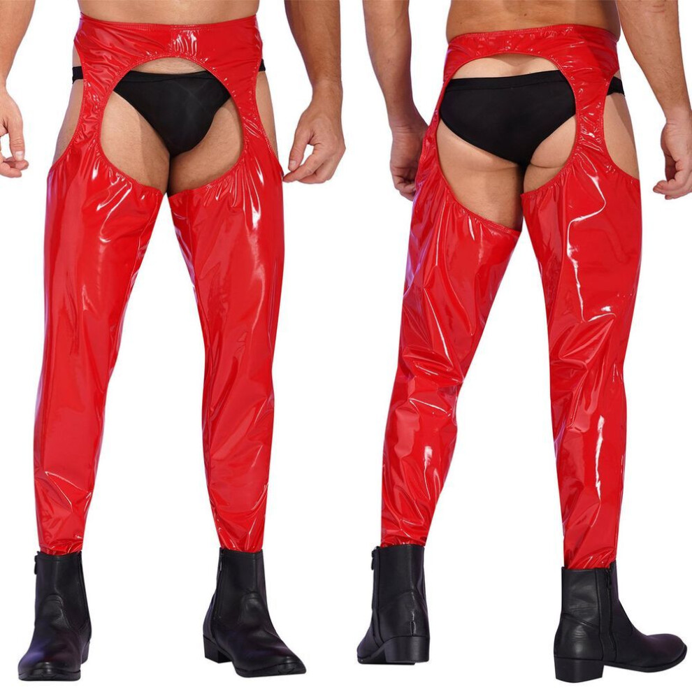 (red, L) Mens Wet Look Leather Pants Tight Trousers Cutout Skinny Long Legging Pants Clubwear