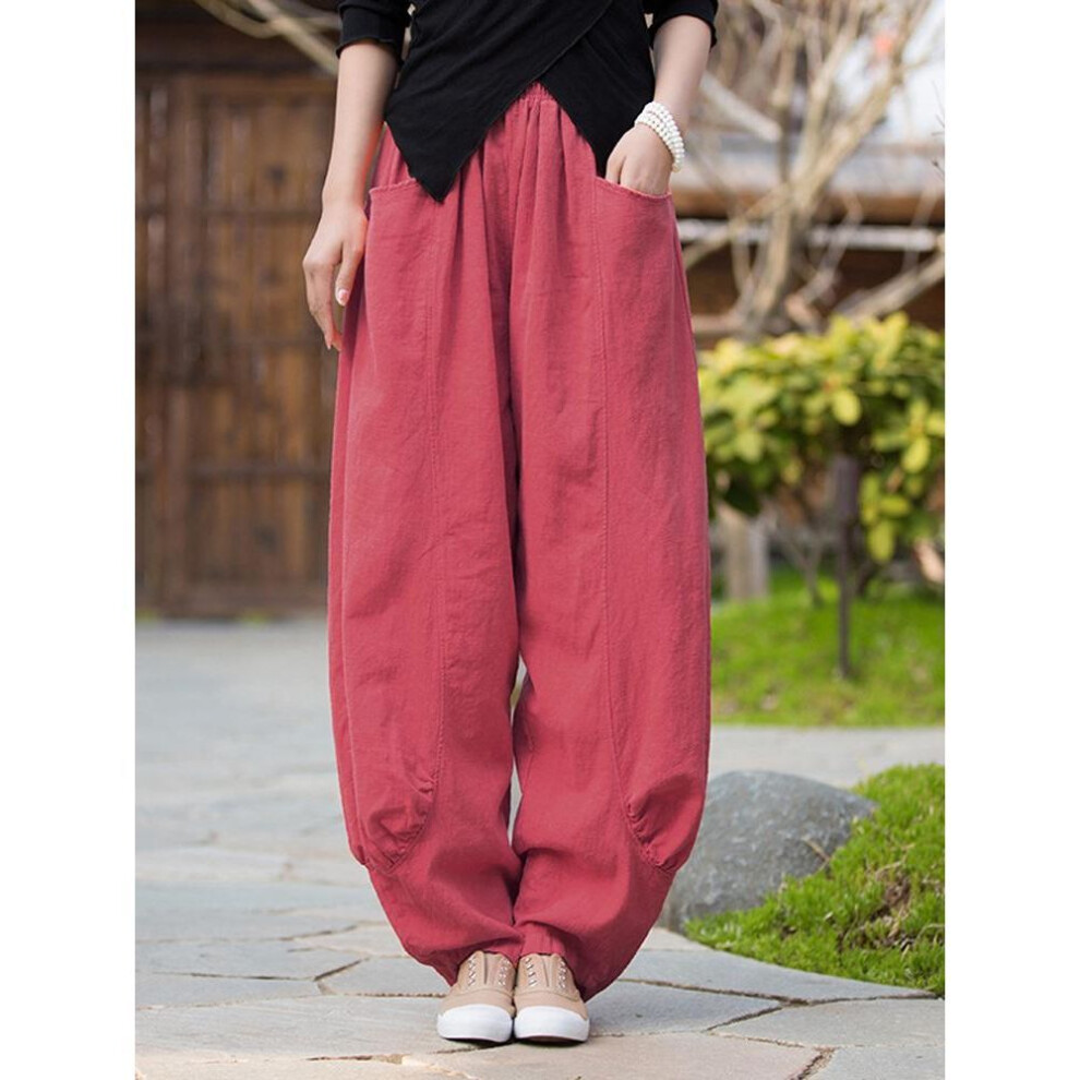 (wine red, L) Johnature Women Casual Linen Wide Leg Pants Elastic Waist Solid Color Trouser Spring Pockets Loose Vintage Long Pants