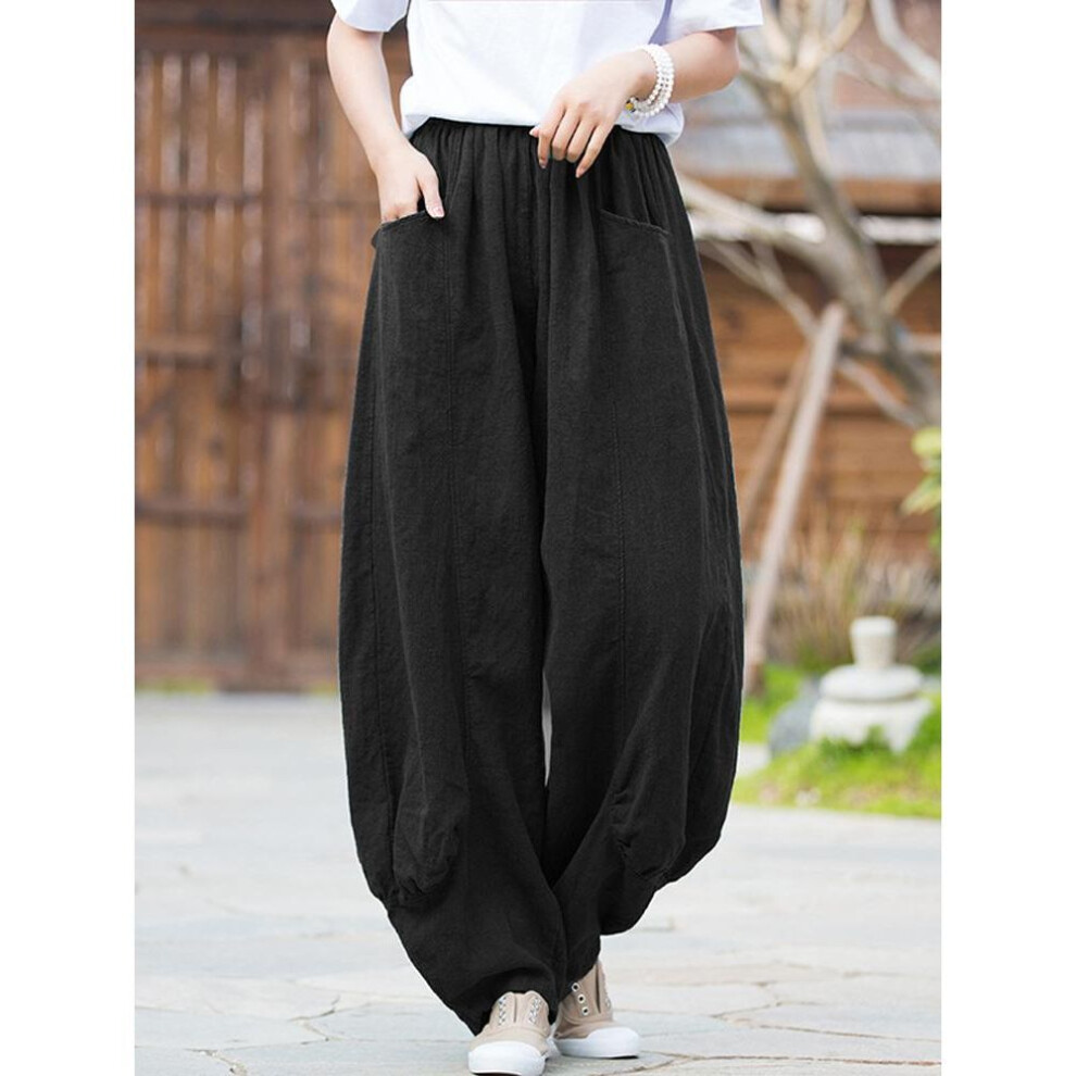 (black, L) Johnature Women Casual Linen Wide Leg Pants Elastic Waist Solid Color Trouser Spring Pockets Loose Vintage Long Pants