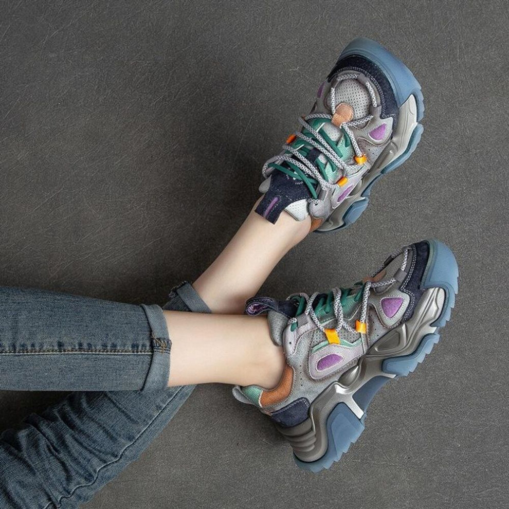 (blue, 36) Johnature   Spring Autumn Retro Lace-up Casual Round Toe  Women Genuine Leather Flats Shoes