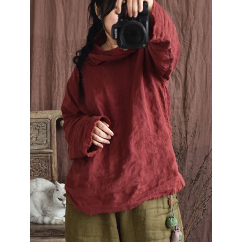 (red, One Size) Johnature Women Linen T-Shirts Solid Color Long Sleeve Tees Spring High Quality Vintage Clothes Women Casual T-Shirts