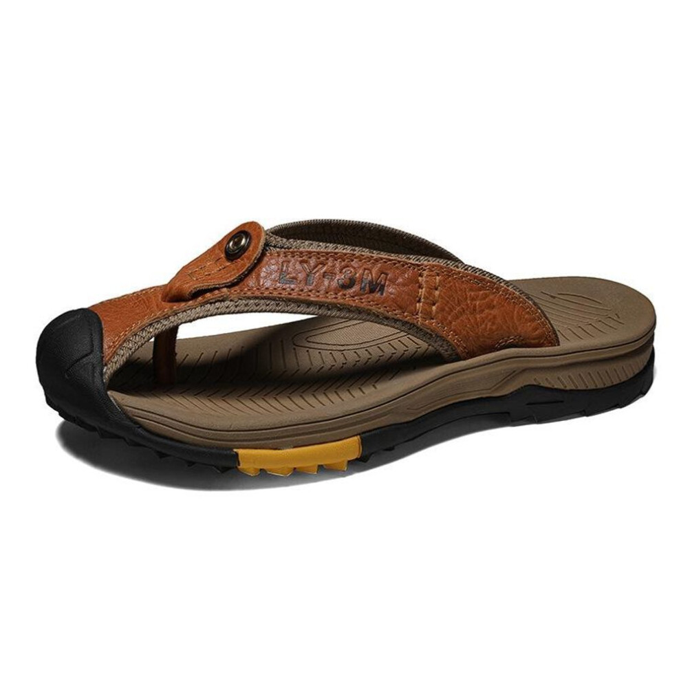 (brown, 46) Genuine Cow Leather Shoes Men Sandals Mens Flip Flops Men&apos;s Casual Shoes Classic Massage Beach Slippers Anti-slip Summer