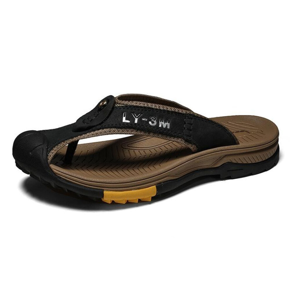 (black, 45) Genuine Cow Leather Shoes Men Sandals Mens Flip Flops Men&apos;s Casual Shoes Classic Massage Beach Slippers Anti-slip Summer