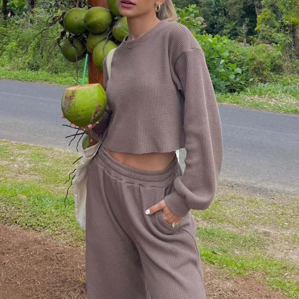 (coffee, S) Women Solid Color Long Sleeve O Neck Hoodies Suit Autumn Winter Loose Top Wide Leg Pants